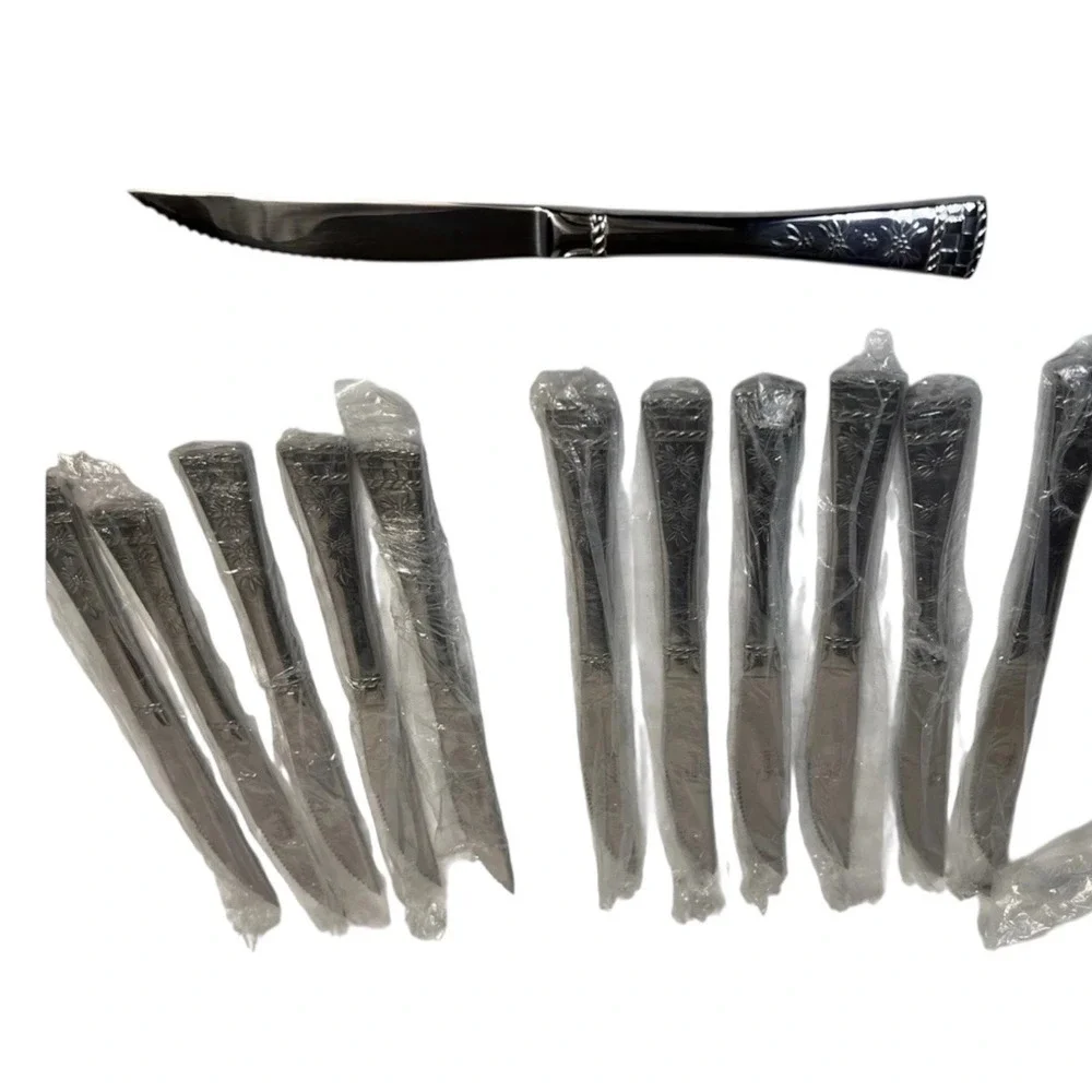 Temp-tations By Tara Old World 12 Pc 18/10 SS Steak Knife SET Floral Weave NEW